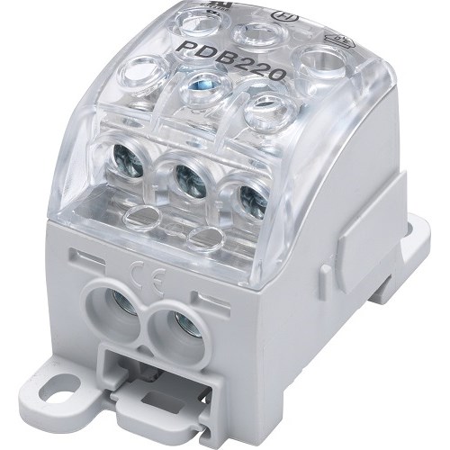 Distribusjons Blokk Al/Cu 1x70mm²/1x15,5x3,5mm Fleksibel/3x16mm²/2x25mm²/ PDB 220 Grå