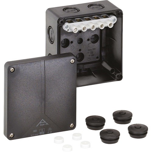 Koblingsboks Abox i 060 m/ 5 pol klemme 6mm² IP65 110x110x67mm Sort